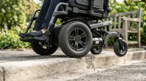 A high-detail, close-up photograph illustrating a front-wheel-drive power wheelchair easily climbing a concrete curb, demonstrating the pro of superior obstacle traversing.