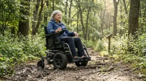 A detailed 4K photorealistic photograph of the front-wheel-drive power wheelchair from the park scene navigating a challenging, uneven off-pavement woodland trail, demonstrating its superior traction and rough terrain capability.