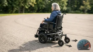 A high-speed photorealistic photograph illustrating the distinct rear-end 'fish-tailing' yawing motion of a front-wheel-drive power wheelchair when navigating a wide outdoor track, highlighting a potential stability con at high speeds.