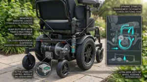 Schematic diagram showcasing front anti-tip wheels and heavy-duty coil suspension on a rear-drive bariatric mobility scooter.