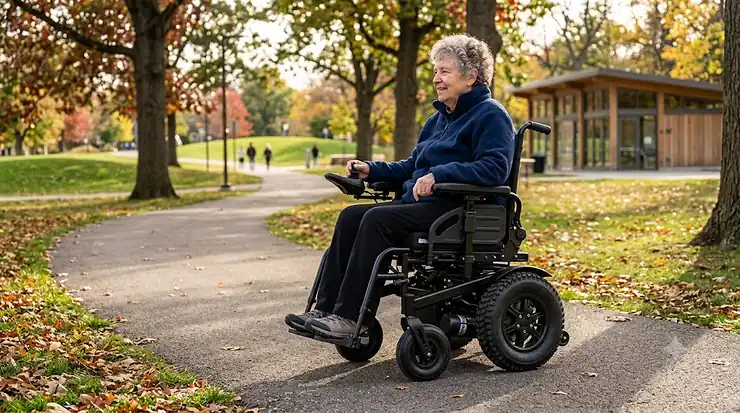 Red heavy duty rear wheel drive wheelchair with a padded captains seat and joystick controller, isolated on a clean background.
