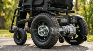 A photorealistic technical illustration, using natural light to highlight textures, shows a close-up diagram of the powerful rear direct-drive motor assembly and the large knobby rear drive wheel of the heavy-duty rear-wheel-drive power wheelchair.
