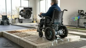 A photorealistic technical illustration showing the heavy-duty rear-wheel-drive power wheelchair climbing a textured concrete ramp. Inset diagrams detail the reinforced steel frame and traction-enhancing dual motor system.