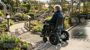 A 4K photorealistic technical illustration shows the heavy-duty rear-wheel-drive power wheelchair navigating intricate pathways, multi-level bridges, and winding turns in a park, detailing maneuverability and stability control.