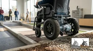 A photorealistic technical illustration showing the heavy-duty rear-wheel-drive power wheelchair navigating a simulated curb and ramp indoor course. Inset diagrams detail the independent motor suspension.