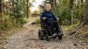 A high-detail photorealistic illustration of the elderly woman in the blue fleece from the featured image, confidently driving her heavy duty rear wheel drive wheelchair along a challenging woodland nature trail. The large, knobby rear tires are gripping the loose gravel and mixed roots.
