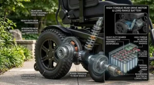 Close-up vector graphic of high-torque dual motors and long-range batteries optimized for a heavy duty electric wheelchair.