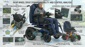 Vector illustration of a person navigating a wide living room corridor using a sleek rear wheel drive motorized wheelchair.