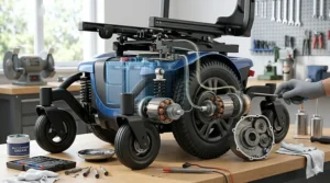 Illustration of a user operating a standard mid wheel drive wheelchair to easily navigate tight corners in a home kitchen.