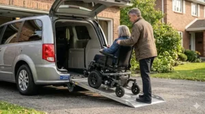 A high-detail, photorealistic 4K photograph of a front-wheel-drive power wheelchair being driven up a ramp into a silver accessible minivan, demonstrating practical transport application.