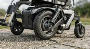 An individual successfully navigating a tight residential kitchen layout using an indoor-friendly mid wheel drive power wheelchair.
