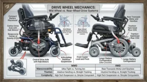 A mechanical blueprint illustration showing the center of gravity directly over the main drive wheels in a mid wheel drive configuration for responsive handling.