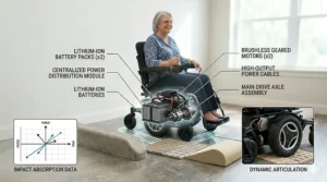 Schematic drawing showing the centralized battery and motor placement under the seat of a power wheelchair.