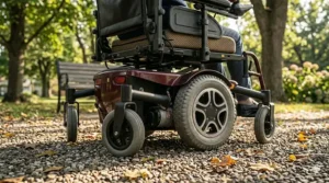 An illustration showcasing a mid wheel drive motorized wheelchair navigating a smooth gravel park path and small ramp.