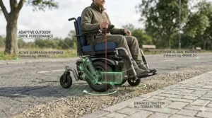 A woman utilizing the electronic seat lift feature on a mid wheel drive power wheelchair to comfortably reach items inside a refrigerator.