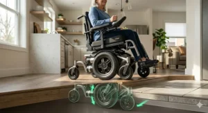 Detailed engineering illustration of the independent suspension system on mid wheel drive power wheelchairs transitioning over uneven curbs.