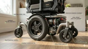 Graphic illustration comparing the tight zero-turn radius of mid wheel drive power wheelchairs against front and rear drive models.