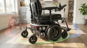 Technical diagram highlighting the 6-wheel design of mid wheel drive power wheelchairs including the center drive wheel and dual casters.