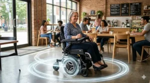Illustration showing the zero-turn radius of a compact mid-wheel drive power chair spinning on its center axis.
