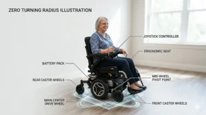 Diagram highlighting the 6-wheel configuration and center drive wheel position of a power wheelchair.