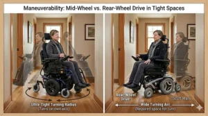 An overhead technical diagram showing the tight 360-degree turning radius of a mid-wheel drive electric wheelchair compared to a rear-wheel drive base maneuvering inside a tight hallway.
