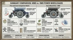 A comprehensive mid wheel drive vs rear wheel drive comparison matrix table charting the key pros and cons of each drive style across indoor usage, top speed, and comfort.