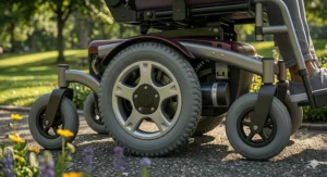 An anatomical diagram of a budget-friendly mid wheel drive power chair highlighting its ergonomic seat cushion and adjustable joystick controls.