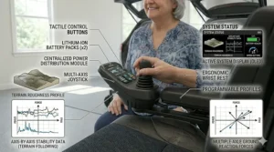 Close-up illustration of the ergonomic captain seat and joystick controller on a mid-wheel drive power chair.