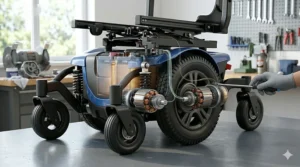 Close-up mechanical illustration of the responsive suspension system on a standard mid wheel drive wheelchair base.