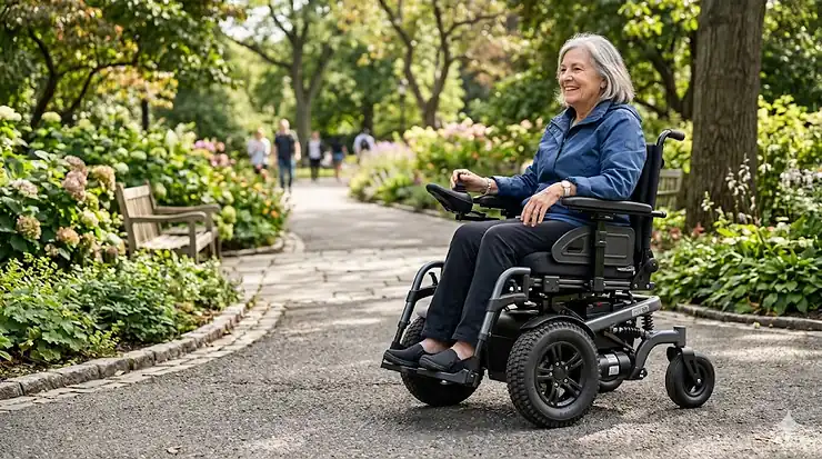 A high-resolution, photorealistic image of a woman using a front-wheel drive power wheelchair on a tree-lined park path, illustrating the maneuverability and outdoor use advantages of this drive type. front wheel drive wheelchair pros and cons