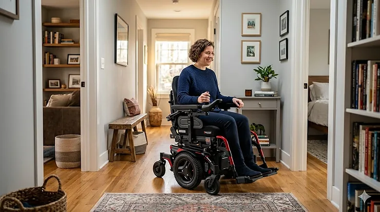 A woman smiling while operating the most maneuverable power wheelchair effortlessly down a tight, narrow hallway in a modern home.