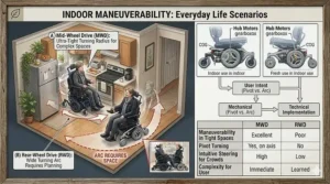A realistic rendering of a user operating a compact mid wheel drive motorized wheelchair comfortably in a small kitchen environment, illustrating its day-to-day advantages over RWD options.