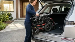 A lightweight, highly maneuverable folding power wheelchair being easily loaded into the trunk of a car for travel convenience.