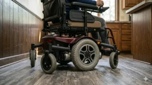 An illustration demonstrating how to fold or disassemble a compact mid wheel drive wheelchair for trunk storage.