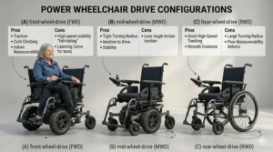 An infographic comparison chart layout titled 'Power Wheelchair Drive Configurations' evaluating the pros and cons of front-wheel-drive (FWD), mid-wheel-drive (MWD), and rear-wheel-drive (RWD) options.