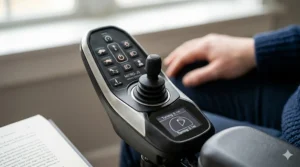 Close-up of an ergonomic joystick controller on a maneuverable power wheelchair designed for responsive handling and tight cornering.