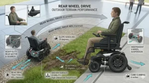 Illustration of a rear wheel drive electric wheelchair smoothly navigating an uneven grassy slope, highlighting its superior outdoor traction.