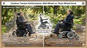 A rear wheel drive power wheelchair navigating a gravel path and uneven grass, demonstrating superior outdoor tracking and traction capabilities over rough terrain.