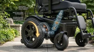 Technical illustration highlighting the drive wheels at the back of a bariatric motorized wheelchair for outdoor stability.