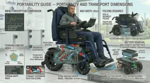 Dimension guide illustration showing the folded and unfolded measurements of a portable rear wheel drive power wheelchair for vehicle trunk storage.