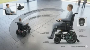 Diagram showing the wider turning radius and maneuverability path of rear wheel drive power wheelchairs compared to mid-wheel models.