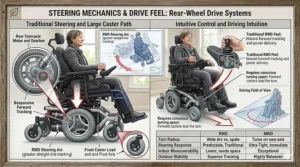 A diagram mapping out the traditional rear-wheel drive steering mechanics, showcasing how the front casters pivot similarly to a standard automobile or golf cart.