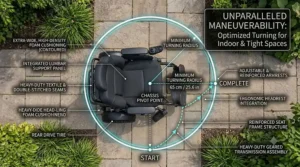 Top-down floor plan graphic demonstrating the turning radius and driving path of a rear wheel drive power chair.