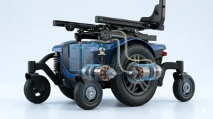 Technical illustration highlighting the 6-wheel configuration of a standard mid wheel drive wheelchair for maximum stability.