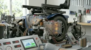 Illustration of the captain's seat and joystick controller assembly on a standard mid wheel drive wheelchair model.