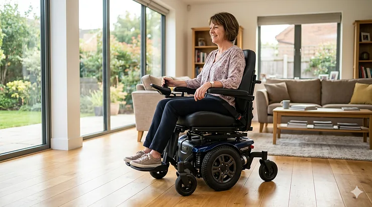 A standard mid wheel drive wheelchair positioned against a clean white background, showcasing its center drive wheels and front and rear casters.