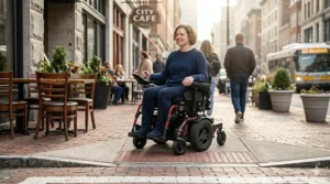 An active individual safely driving their maneuverable electric wheelchair across a textured downtown crosswalk ramp.