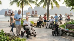 Multiple senior citizens comfortably using affordable folding power wheelchairs along a sunny tropical coast, demonstrating group accessibility.