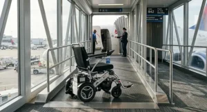 An airline approved power wheelchair positioned on the jet bridge ramp ready for aircraft boarding