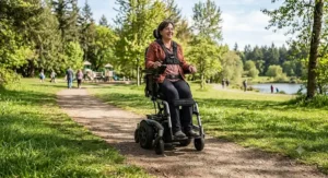 An active user exploring a grassy park path in an all-terrain electric standing wheelchair.